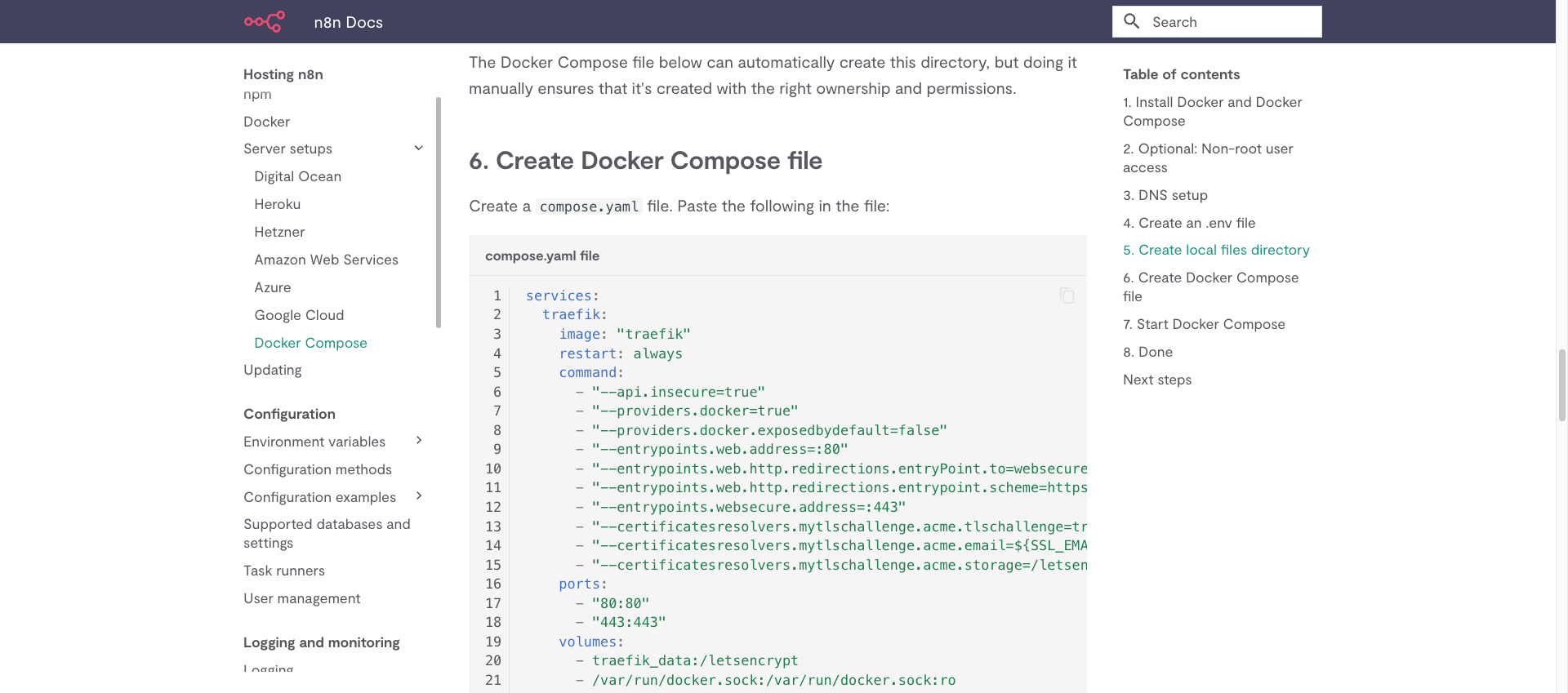 n8n 문서. docker compose로 n8n을 설치하는 방법이 나와있습니다.